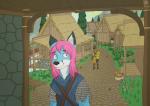 ambiguous_gender anthro armor biped blue_body blue_fur detailed_background duo flower fur hair headgear helmet landscape long_hair medieval_architecture multicolored_body multicolored_fur plant river shield smile smirk town two_tone_body two_tone_fur white_body white_fur wood idankideeri bethesda_game_studios microsoft skyrim the_elder_scrolls nyaaa_foxx avian bird canid canine chicken fox galliform gallus_(genus) mammal phasianid hi_res