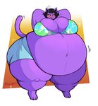 2023 anthro atsuineko barefoot belly big_belly big_breasts big_butt biped black_hair blush bottomwear breasts butt catty_(undertale) cleavage clothed clothing deep_navel deltarune detailed_navel digital_media_(artwork) domestic_cat fangs fat_arms fat_legs feet felid feline felis female front_view fur glistening glistening_body glistening_breasts glistening_eyelids hair half-closed_eyes hands_behind_head hi_res huge_belly huge_breasts huge_butt huge_hips huge_thighs mammal midriff morbidly_obese motion_lines narrowed_eyes navel obese obese_anthro obese_female overweight overweight_anthro overweight_female purple_body purple_fur purple_tail shorts signature simple_background solo standing tail teeth thick_thighs tongue tongue_out topwear undertale_(series) wide_hips