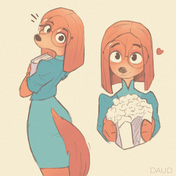 anthro black_nose brown_hair clothing dress eyewear female feral food fur glasses hair holding_popcorn long_hair orange_body orange_fur popcorn solo tail tail_tuft teal_clothing teal_dress tuft wearing_glasses dauddalmata illumination_entertainment sing_(movie) suki_lane canid canine canis domestic_dog hunting_dog mammal saluki sighthound absurd_res hi_res