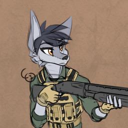 anthro armor body_armor clothing gloves gun handwear holding_gun holding_object holding_ranged_weapon holding_weapon male military_uniform ranged_weapon shotgun solo uniform weapon kalinka-volki zakuv_werov canid canine canis mammal wolf 1:1 absurd_res hi_res