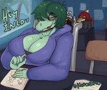 5_fingers anthro bedroom_eyes big_breasts bone_frill breasts classroom cleavage clothed clothing detailed_background dialogue disability eyelashes female fingers freckled_breasts freckles frill_(anatomy) green_body green_hair green_scales grey_eyes group hair hoodie inside narrowed_eyes open_mouth open_smile paraplegic scales school seductive short_hair sitting smile snout text topwear trio unzipping vehicle wheelchair yellow_sclera zipper kenonsfw cavemanon_studios i_wani_hug_that_gator olivia_halford baryonyx dinosaur prehistoric_species reptile scalie spinosaurid theropod 2024 absurd_res artist_name digital_drawing_(artwork) digital_media_(artwork) english_text hi_res signature