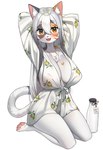 anthro bathrobe big_breasts bottle breasts chest_tuft cleavage clothed clothing container female jewelry kemono kneeling milk_bottle necklace nightgown orange_eyes pawpads pink_pawpads robe smile solo translucent translucent_clothing tuft etivka haru_(etivka) calico_cat domestic_cat felid feline felis mammal digital_media_(artwork) hi_res