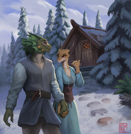 anthro black_sclera cabin clothed clothing detailed_background duo female female_anthro gesture hand_gesture hand_holding horn male outside red_eyes smile snow spikes spikes_(anatomy) suggestive winter ethrk bethesda_game_studios microsoft skyrim the_elder_scrolls argonian scalie 2022 digital_media_(artwork) digital_painting_(artwork) painting_(artwork) signature