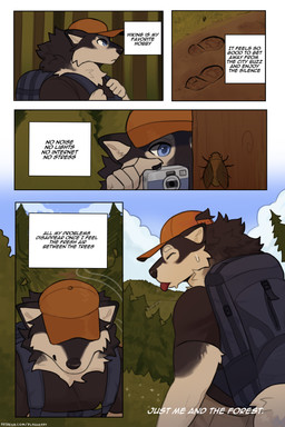 anthro forest male outside plant solo text trail tree plaguerat cooper_(plaguerat) alaskan_malamute canid canine canis domestic_dog mammal nordic_sled_dog spitz 2:3 absurd_res comic english_text hi_res url