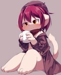 3_fingers 3_toes anthro beret blush blush_lines bottomless brown_background brown_trenchcoat butt clothed clothing coat container cup feet fingers fur glistening glistening_eyes hair hat headgear headwear holding_container holding_cup holding_mug holding_object kemono looking_at_object male mug narrowed_eyes oversized_clothing raised_leg raised_tail red_hair red_scarf scarf simple_background sitting smile solo tail tan_body tan_ears tan_fur tan_tail three-quarter_view toes topwear trenchcoat yellow_eyes young young_anthro aoino stella_(aoino) domestic_cat felid feline felis mammal 2019 digital_media_(artwork) digital_painting_(artwork) full-length_portrait hi_res painting_(artwork) portrait shaded