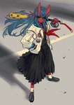 clothed clothing female green_eyes hair holding_object horn long_hair not_furry red_body red_skin school_uniform solo uniform kezime asian_mythology east_asian_mythology japanese_mythology mythology saki_(kezime) demon demon_humanoid horned_humanoid humanoid oni yokai hi_res