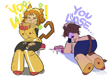all_fours anthro breasts brown_body brown_hair butt clothing eating eyewear eyewear_on_head female food furniture goggles goggles_on_head hair hot_dog magenta_eyes sitting solo stool whiskers yellow_sclera gh92291 gameoverse glitch_productions kit_bodega domestic_cat felid feline felis mammal hi_res