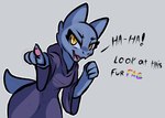 anthro blue_body clothing female homophobic_slur insult insulting_viewer open_mouth open_smile purple_clothing purple_robe robe slur smile solo text trufzn kobold 2020 english_text