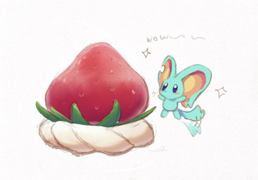 ambiguous_gender big_ears biped bipedal_feral blue_eyes blush blush_stickers dialogue feral fluffy fluffy_tail food frosting fruit fur mouthless notched_ear plant semi-anthro simple_background solo sparkles strawberry tail tail_motion tailwag teal_body teal_fur text white_background kamabokobun kirby's_dream_buffet kirby_(series) kirby_and_the_forgotten_land nintendo elfilin alien chinchilla chinchillid mammal rodent starling_(kirby) 2022 digital_drawing_(artwork) digital_media_(artwork) english_description english_text hi_res male_(lore)