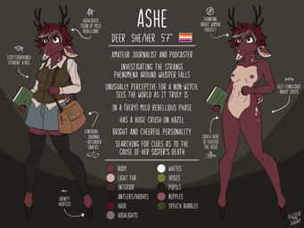 accessory anthro antlers areola black_clothing black_leggings black_legwear book bottomwear clothing collared_shirt color_swatch deer_ears denim denim_bottomwear denim_clothing denim_skirt dress_shirt eyelashes female freckled_face freckles fur genitals green_clothing green_eyes green_topwear green_vest grey_highlights hair highlights_(coloring) holding_book holding_object hooves horn key leggings legwear lesbian_pride_colors lgbt_pride long_eyelashes markings multicolored_body multicolored_fur nipples nude nude_anthro nude_female off/on pin_accessory pin_button pride_colors red_hair scut_tail shirt short_tail shoulder_bag skirt solo spots spotted_ears spotted_hips spotted_legs spotted_markings spotted_neck spotted_tail tail tail_markings text topwear two_tone_body two_tone_fur vest vulva espressothegoat ashe_(espressothegoat) deer mammal 4:3 english_text hi_res model_sheet