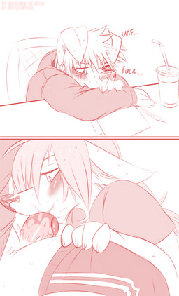 ambiguous_gender beverage bite blush bodily_fluids bottomwear bottomwear_down chair claws close-up clothed clothing cum duo erection fellatio floppy_ears furniture genital_fluids genitals looking_pleasured male male/ambiguous oral pants pants_down paper partially_clothed pencil_(object) penile penis profanity pubes sex sitting sweat text tongue under_table saintversa canid canine canis domestic_dog mammal wolf absurd_res english_text hi_res monochrome