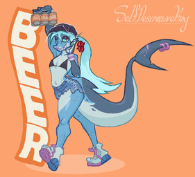 4_fingers accessory alcohol anthro armwear bare_shoulders baseball_cap beer beverage bikini bikini_top biped blue_body blue_hair blue_scales blue_sclera bottomwear can clothed clothed_anthro clothed_female clothing container countershade_face countershade_hands countershade_neck countershade_tail countershade_torso countershading denim denim_bottomwear denim_clothing denim_shorts dorsal_fin facial_piercing female female_anthro fin fin_piercing fingers footwear freckled_face freckled_shoulders freckles fully_clothed fully_clothed_anthro fully_clothed_female furgonomic_piercing furgonomics gesture gloves_(marking) hair hand_gesture hat headgear headwear holding_beverage holding_can holding_container holding_object jewelry lidded_eyes looking_at_viewer markings motion_arrow navel non-mammal_hair nose_piercing nose_ring notched_fin notched_tail piercing ponytail pupils purple_pupils ring_piercing scales scar sharp_teeth shoes shorts simple_background smile snout solo spotted_shoulders sweatband swimwear tail tail_accessory tail_fin tail_jewelry tail_piercing tail_ring_(piercing) teeth text two-piece_swimsuit selfdestructking jawlene_(herny) aquatic fish shark absurd_res american_sign_language artist_name digital_media_(artwork) english_text hi_res pixel_(artwork) sign_language signature