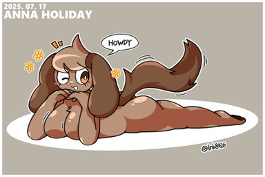 anthro big_breasts blush breasts brown_body brown_ears brown_fur brown_hair brown_tail dialogue emoji_description eyelashes featureless_breasts feet female female_anthro fingers flower fur greeting hair lying nude nude_anthro nude_female on_front one_eye_closed plant solo speech_bubble tail text toes wink lnb anna_holiday canid canine canis domestic_dog mammal 2025 3:2 dated digital_drawing_(artwork) digital_media_(artwork) full-length_portrait portrait