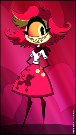 alternative_fashion big_eye blonde_highlights bottomwear bright_colors cheek_spots clothed clothing curly_hair eyelashes female grin hair heart_background heart_symbol highlights_(coloring) pink_background pink_hair poodle_skirt rockabilly scarf sharp_teeth simple_background skirt smile solo spots stained_clothing teeth yellow_eyes yellow_spots yellow_teeth verona7881 hazbin_hotel hellaverse niffty_(hazbin_hotel) cyclops humanoid
