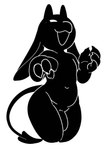 anthro big_ears big_hands black_body claws genitals horn male navel nude penis smile smug solo spade_tail tail thick_thighs abigrock mascot_(abigrock) imp 2024 black_and_white hi_res monochrome restricted_palette