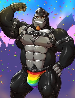 abs anthro armband barazoku belt biceps big_muscles big_pecs biker biker_cap black_body black_chaps black_clothing black_fingerless_gloves black_fur black_gloves black_handwear black_hat black_headwear black_leather bulge chaps clothed clothing crowd facial_hair fangs fingerless_gloves fist flag_waving flexing flexing_bicep flexing_muscles flexing_pecs fur gloves grin grinning_at_viewer group hand_on_hip handwear harness hat headgear headwear leather leather_armband leather_chaps leather_clothing leather_daddy leather_gloves leather_handwear leather_harness leather_hat leather_headgear leather_headwear lgbt_pride male male_focus manly multicolored_clothing multicolored_speedo multicolored_swimwear muscular muscular_anthro muscular_male nipples pantsless pantsless_anthro pantsless_male pecs pride_color_clothing pride_color_speedo pride_color_swimwear pride_colors pride_flags pubes rainbow_confetti rainbow_pride_clothing rainbow_pride_colors rainbow_pride_swimwear rainbow_speedo raised_fist raised_hand showing_off_muscles six-stripe_rainbow_pride_colors smile smiling_at_viewer solo_focus swimwear teeth thick_arms thick_thighs topless yellow_eyes gojho lgbt_pride_month marco_(westhoff) ape gorilla haplorhine mammal primate hi_res