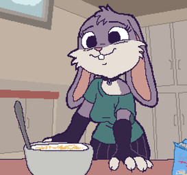anthro bottomwear bowl breakfast cabinet cereal cheek_tuft claws clothed clothing collar container counter cutlery eating facial_tuft female finger_claws fingerless_gloves fluffy fluffy_tail food fur gloves grey_body grey_fur handwear happy inner_ear_fluff inside jewelry kitchen kitchen_utensils legwear long_ears necklace off_shoulder_shirt purple_body purple_fur retro_style shirt short_fur skirt smile snack_food solo spoon standing t-shirt tail thigh_highs tools topwear tuft visible_tail white_body white_fur window ircluzar violet_bunny lagomorph leporid mammal rabbit digital_media_(artwork) pixel_(artwork)