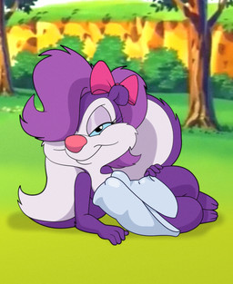anthro bow_ribbon female fur looking_at_viewer lying on_side outside purple_body purple_fur smile solo tail towel white_body white_fur young young_anthro young_female mopgoblin tiny_toon_adventures warner_brothers fifi_la_fume mammal mephitid skunk 2026 hi_res