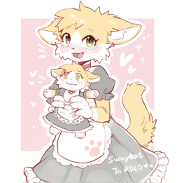 ambiguous_anthro ambiguous_gender anthro blush cheek_tuft clothed clothed_ambiguous clothed_anthro clothing facial_tuft fully_clothed fully_clothed_ambiguous fully_clothed_anthro fur gloves_(marking) green_eyes head_tuft holding_object holding_plushie inner_ear_fluff looking_at_viewer maid_uniform markings open_mouth open_smile pink_tongue plushie smile solo tail tongue tuft uniform white_inner_ear_fluff yellow_body yellow_fur yellow_tail swaybat rolo_(rolo_stuff) domestic_cat felid feline felis mammal 2025 digital_drawing_(artwork) digital_media_(artwork) hi_res