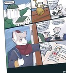 6_panel_comic anthro beanie canid canine canis chibi clothing dialogue domestic_cat duo english_text establishing_panel eyes_closed felid feline felis half-closed_eyes hat headgear headwear hi_res long_sleeve_shirt male mammal menu namu_(artist) namu_(character) narrowed_eyes oolong_(oolongmatchatea) open_mouth open_smile scarf smile speech_bubble text thought_bubble waiter wolf