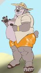 anthro beach belly bottomwear bulge clothed clothing eyebrows footwear grin hat headgear headwear male moobs nipples open_clothing open_shirt open_topwear overweight sandals shirt shoes shorts smile solo straw_hat thick_eyebrows topwear coyotebbbusted lifewonders tokyo_afterschool_summoners jambavan_(tas) bear mammal hi_res