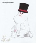 anthro balls blush bodily_fluids clothing cum erection genital_fluids genitals hat headgear headwear humanoid_genitalia humanoid_penis male nude penis simple_background smile solo top_hat daddypassion the_moomins moominpappa hi_res