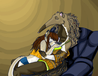 anthro anthro_on_anthro clothing cuddling dreadlocks duo female female/female footwear long_snout shoes sneakers snout tail the_pyrex anteater felid feline giant_anteater mammal pilosan serval xenarthran