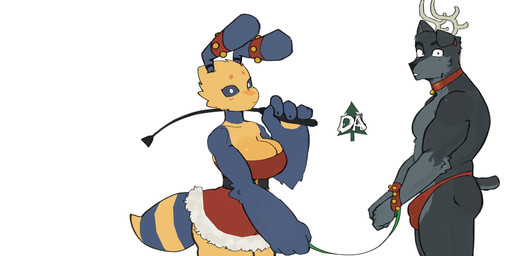 anthro bell bottomwear breasts bulge clothing collar countershading cuff_(restraint) duo female floppy_ears handcuffs holidays jingle_bell leash leash_pull leashed_collar male male/female metal_cuffs restraints shackles short_tail skirt tail thong underwear whip goonie-san christmas goon_(goonie_san) mercy_(goonie-san) arthropod bee canid canine canis domestic_dog hymenopteran insect mammal absurd_res hi_res