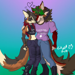 anthro bangs beard boots bottomwear brown_body brown_fur button_(fastener) cheek_tuft choker claws clothing crop_top denim denim_bottomwear denim_clothing duo ear_piercing ear_ring eyelashes eyeshadow facial_hair facial_piercing facial_tuft femboy fluffy fluffy_tail footwear fur green_hair grey_body grey_fur hair half-closed_eyes heart_symbol holding_shoulder horn jeans jewelry lip_piercing lip_ring long_hair makeup male male/male mane midriff narrowed_eyes necklace nose_piercing nose_ring nose_to_nose orange_body orange_fur pants piercing purple_eyes red_body red_fur red_hair ring_piercing shirt shoes simple_background tail text text_on_clothing text_on_shirt text_on_topwear topwear tuft white_body white_fur yellow_eyes chelfoxart chelfox skorvold calico_fox canid canine canis coyote cross_fox fox mammal red_fox true_fox 1:1 shaded signature soft_shading nonbinary_(lore)