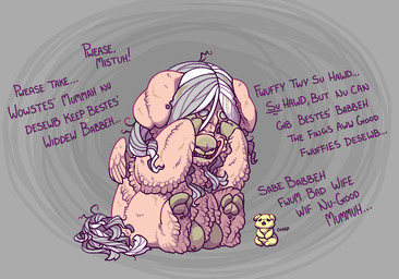 ambiguous_feral ambiguous_gender animal_noises baby_talk bodily_fluids chirping covering covering_eyes covering_face crotch_breasts crying dialogue duo female female_feral feral grey_background grey_hooves hair hooves monotone_body multicolored_hair neonate nipples offscreen_character open_mouth pink_body quadruped sad simple_background sitting size_difference tears teeth text two_tone_hair two_tone_tail yellow_body young young_ambiguous young_feral bugbox fluffy_pony fluffy_pony_(species) mammal cel_shading digital_media_(artwork) english_description english_text intralingual_translation shaded