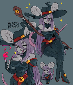 anthro big_breasts big_ears breasts chibi cleavage clothed clothing eyes_closed female fire fur grey_body grey_fur hair hat headgear headwear huge_thighs long_hair magic open_mouth purple_hair simple_background smile solo sparkles staff tail teeth text thick_thighs wide_hips witch_costume witch_hat cibastion bianca_(cibastion) mammal murid murine rat rodent