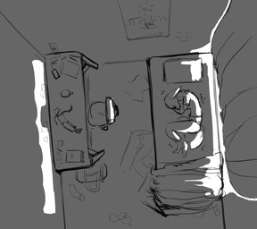 amputee anthro bed bedroom bottomless bottomwear clothed clothing depressing depression desk disability electronics female footwear furniture high-angle_view long_neck lying on_bed on_side panties pants partially_clothed phone poster sad shirt socks solo table topwear underwear anonymous_artist paula_wolf canid canine mammal maned_wolf black_and_white monochrome
