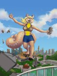 4_toes anthro big_breasts biped blonde_hair bottomwear breasts building building_destruction burning_building city city_destruction cityscape claws clothing destruction explosion eyes_closed fangs feet female fire fluffy fluffy_tail hair happy horn landscape_dwarfing macro multi_tail pawpads plantigrade shorts sky solo tail teeth toe_claws toes top_bra view purple_pawn remmyzilla canid canine canis coyote kaiju mammal 3:4 hi_res