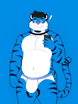 5_fingers anthro black_ears black_eyebrows black_hair black_phone black_stripes blue_body blue_eyes bulge cellphone cheek_tuft electronics eyebrows facial_tuft fingers fur hair holding_object holding_phone looking_at_viewer male markings pecs phone pink_nose short_hair simple_background smartphone smile solo striped_body striped_fur striped_markings striped_tail stripes tail tail_markings tuft white_body andeandog felid mammal pantherine tiger 2025 absurd_res colored digital_drawing_(artwork) digital_media_(artwork) flat_colors hi_res