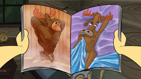 anthro antlers balls bed bed_sheet bedding big_antlers brown_body bulge clock clothing covering covering_self desk detailed_background erect_nipples erection eyebrows eyes_closed feet furniture genitals grabbing_sheets hand_behind_head hands_behind_head holding_magazine horn looking_at_porn looking_at_viewer lying magazine male muscular muscular_anthro muscular_male narrowed_eyes nipples nude nude_anthro nude_male on_back partially_covered penis porn_magazine pornography pose posing_for_picture posing_nude raised_eyebrow raised_leg sauna skinny solo spread_legs spreading steam table underwear yellow_arms yellow_body bob-jiggles camp_lazlo cartoon_network slinkman_(camp_lazlo) banana_slug deer gastropod mammal mollusk moose new_world_deer slug 16:9 widescreen