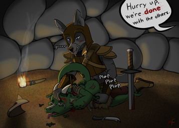 ambiguous_gender ambiguous_penetration angry anthro armor arms_tied arrow_(weapon) blood bodily_fluids bound cave clenched_teeth clothing defeat_sex dialogue dirt duo ears_through_headwear forced from_behind_position hands_behind_back headgear helmet imminent_death knife leather leather_armor male markings melee_weapon notched_ear pelt_clothing penetration peril pinned pinned_to_ground ranged_weapon rape rock rope scale_markings scales scratches sex speech_bubble sword sword_in_ground tears teeth text torch weapon wounded metal_fox117 canid canine canis kobold mammal scalie wolf english_text hi_res