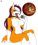 anthro bodily_fluids breasts drooling duo endoscope endoscopy extreme_size_difference featureless_breasts female fully_inside fur inside_stomach internal macro male male/female micro orange_body orange_fur saliva sharp_teeth simple_background sitting size_difference stomach_acid teeth tongue tongue_out vore white_background white_body white_fur allsonwa ada_(allsonwa) canid canine domestic_cat felid feline felis fox mammal hi_res
