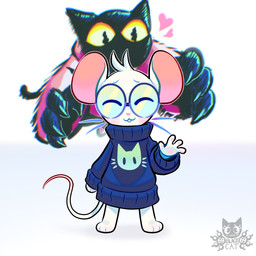 4_fingers 69_(number) all_fours anthro black_body black_claws black_eyes black_tail blue_clothing blue_hoodie blue_topwear blush blush_lines buckteeth chibi claws closed_smile clothed clothing dipstick_tail duo eyes_closed eyewear female fingers footwear freeze_frame fur gesture glasses hair head_tuft heart_symbol hoodie imminent_danger logo long_tail male markings mouth_closed oversized_clothing oversized_sweater oversized_topwear pawpads pink_clothing pink_footwear pink_hoodie pink_nose pink_pawpads pink_shoes pink_tail_tip pink_topwear predator/prey pupils round_glasses shoes simple_background size_difference slit_pupils smile standing sweater tail tail_markings teeth text topwear tuft two_tone_tail waving waving_at_viewer white_back white_tail yellow_sclera 69blackcat69 manouri_(69blackcat69) olive_(69blackcat69) domestic_cat felid feline felis mammal mouse murid murine rodent 1:1 2025 artist_logo artist_name colored digital_drawing_(artwork) digital_media_(artwork) english_text hi_res shaded signature male_(lore)