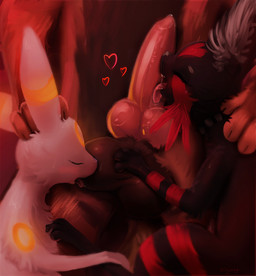 ambiguous_gender animal_genitalia animal_penis anthro ball_lick balls black_body black_fur bodily_fluids canine_genitalia canine_penis erection faceless_character faceless_male fellatio fur genital_fluids genitals group group_sex hand_on_head heart_symbol knot licking male male/ambiguous male/male open_mouth oral penile penis penis_lick precum sex size_difference threesome tongue tongue_out trio white_body white_fur trigaroo nintendo pokemon brochu fan_character trig arcanine canid canine eeveelution felid feline generation_1_pokemon generation_2_pokemon generation_7_pokemon litten mammal pokemon_(species) umbreon digital_media_(artwork) shaded