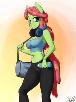 anthro anthrofied bag big_breasts bottle bottomwear breasts cleavage clothed clothing container dreadlocks duffel_bag electronics female hair headphones low-angle_view midriff pants purple_eyes solo tight_bottomwear tight_clothing tight_pants yoga yoga_pants skecchiart friendship_is_magic hasbro my_little_pony tree_hugger_(mlp) earth_pony equid equine horse mammal pony 2015 3:4 hi_res