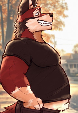 anthro belly black_clothing black_nose black_shirt black_topwear clothing fur male red_body red_fur red_tail shirt solo tail topwear gatto_gateau echo_(game) echo_(series) echo_project leo_alvarez canid canine canis mammal red_wolf wolf 2025 colored hi_res