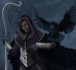 armor beak black_body black_feathers black_fur black_hair blue_eyes cloak clothed clothing feathers fur glowing glowing_eyes hair holding_object male melee_weapon robe solo weapon wings mordorinka bioware dragon_age electronic_arts avian bird elf humanoid mammal owl digital_media_(artwork)