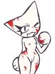 anthro blood bodily_fluids eyelashes female flat_chested fur nipples noseless one_eye_closed open_mouth pixelated pointy_ears round_head simple_background simple_face small_waist solo tailless thick_thighs vulva white_background white_body white_fur white_mouth white_sclera wink whizzywhip femtanyl token_(femtanyl) felid mammal