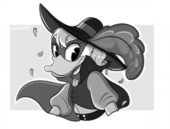 1800s_clothing anthro cape clothing female hair hat_feather headgear headwear loose_feather mask masked_female ponytail puffy_sleeves solo kinkypeach daisy_and_the_mysteries_of_paris disney disney_comics daisy_duck the_rose_of_paris anatid anseriform avian bird duck greyscale hi_res monochrome portrait