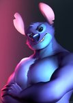 anthro anthrofied black_eyes blue_body blue_fur blue_nose crossed_arms fur gradient_background looking_at_viewer male muscular muscular_anthro muscular_male notched_ear simple_background smile smirk solo nastybearz disney lilo_and_stitch stitch_(lilo_and_stitch) alien experiment_(lilo_and_stitch) 2021 absurd_res digital_media_(artwork) hi_res shaded soft_shading watermark