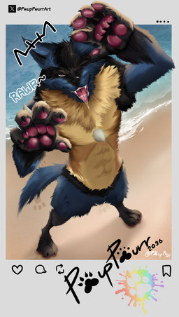 action_pose anthro beach black_body black_fur blue_body blue_fur bodily_fluids claws drooling feet foot_focus fur large_paws male open_mouth pawpads pink_pawpads pose saliva sand sea sharp_teeth solo teeth tongue tongue_out water yellow_body yellow_fur pwuppwurrart nintendo pokemon generation_4_pokemon lucario pokemon_(species) hi_res