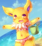 anthro beach bikini biped brown_pawpads bucket cheek_tuft clothed clothing cloud container day eyebrows facial_tuft female flat_chested flesh_fang frilly frilly_bikini frilly_clothing frilly_swimwear fully_clothed fur green_bucket looking_at_viewer multicolored_bikini multicolored_clothing multicolored_eyes multicolored_swimwear navel neck_tuft open_mouth open_smile outside pawpads paws pink_bikini pink_clothing pink_swimwear purple_bikini purple_clothing purple_eyes purple_inner_ear purple_swimwear sea semi-anthro shovel sky smile solo sparkles spread_arms swimwear tongue tools translucent translucent_bikini translucent_clothing translucent_swimwear tuft two-piece_swimsuit water white_body white_fur yellow_body yellow_eyes yellow_fur young d685ab7f nintendo pokemon ambient_bird eeveelution generation_1_pokemon jolteon mammal pokemon_(species) digital_drawing_(artwork) digital_media_(artwork) portrait signature three-quarter_portrait unavailable_at_source