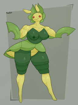 antennae_(anatomy) anthro areola big_breasts breasts female looking_at_viewer nipples red_eyes simple_background smile solo tail yellow_body plaisehulder nintendo pokemon arthropod generation_5_pokemon insect leavanny pokemon_(species) absurd_res digital_media_(artwork) hi_res
