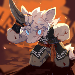 anthro bared_teeth black_clothing black_topwear blood blue_eyes bodily_fluids bottomwear claws clothed clothing finger_claws fur grey_bottomwear grey_claws grey_clothing grey_pants hair horn kneeling male male_anthro outside pants pink_sclera sharp_horn solo teeth topwear white_body white_clothing white_fur white_hair white_topwear wounded corzh77 mythology dragon furred_dragon furred_scalie mythological_creature mythological_scalie scalie 1:1 absurd_res hi_res