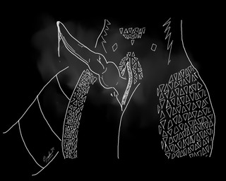 animal_genitalia anthro black_background bodily_fluids cum cum_drip cum_on_penis dripping genital_fluids genital_slit genitals knot male multi_knot musk musk_cloud penis scales simple_background slit_penis solo text vein veiny_penis white_line_art kleinefuchs mythology dragon mythological_creature mythological_scalie scalie 5:4 colored_line_art english_text hi_res monochrome